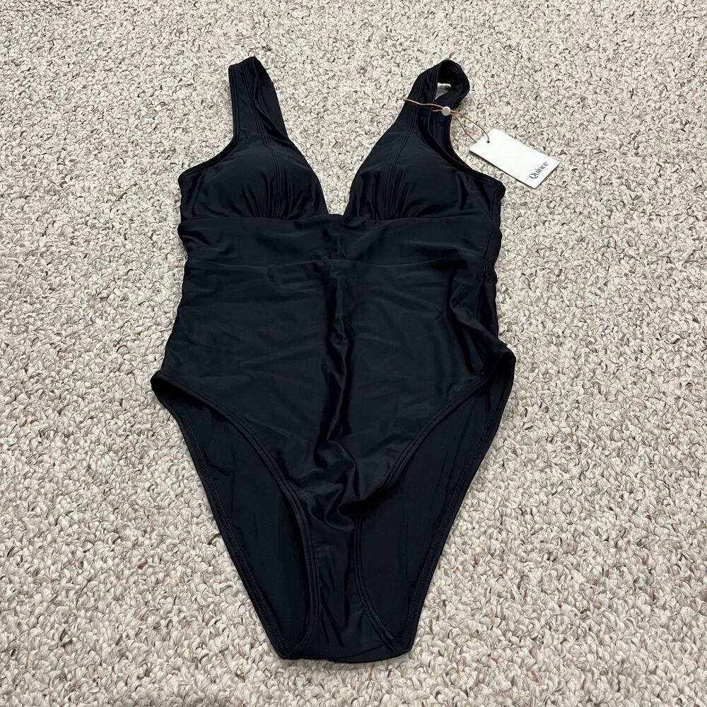 NEW Quince Italian Plunge One Piece Swimsuit S Black Beach Coastal Classic